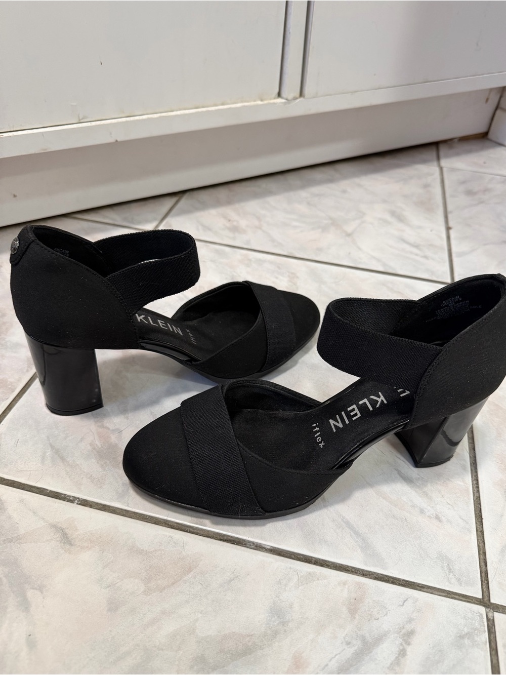 Anne Klein Black Elastic Strap Block Heel Pumps
